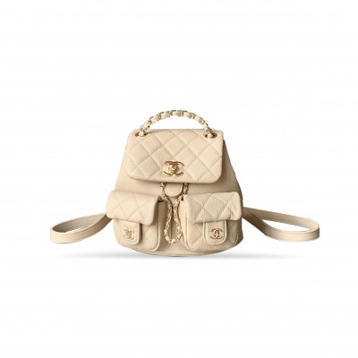 CHANEL SMALL SHINY CAVIAR QUILTED DUMA POCKETS DRAWSTRING BACKPACK MILK TEA COLOR 129220 (17.5*16.5*10cm)